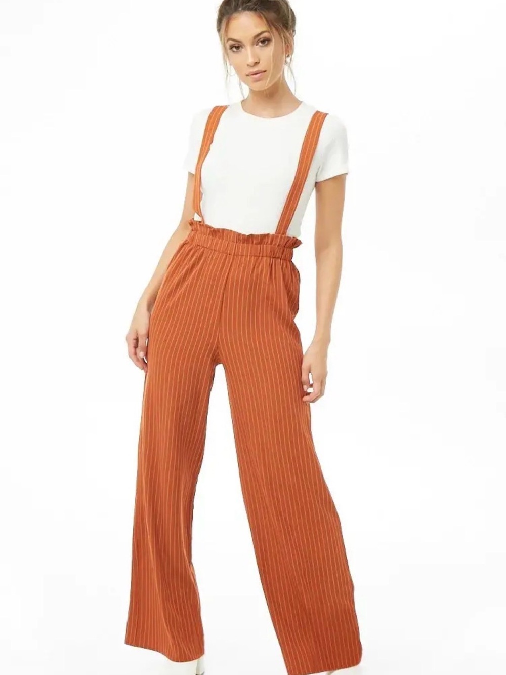 Forever 21 Rust Pinstripe Wide-Leg Suspender Pants